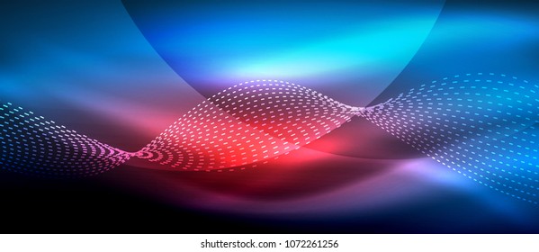 Glowing abstract wave on dark, shiny motion, magic space light. Vector techno abstract background