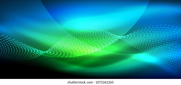 Glowing abstract wave on dark, shiny motion, magic space light. Vector techno abstract background