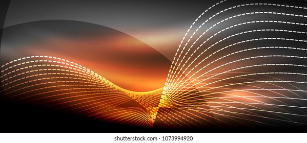 Glowing abstract wave on dark, shiny motion, magic space light. Vector techno abstract background