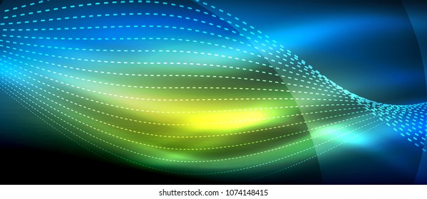 Glowing abstract wave on dark, shiny motion, magic space light. Vector techno abstract background