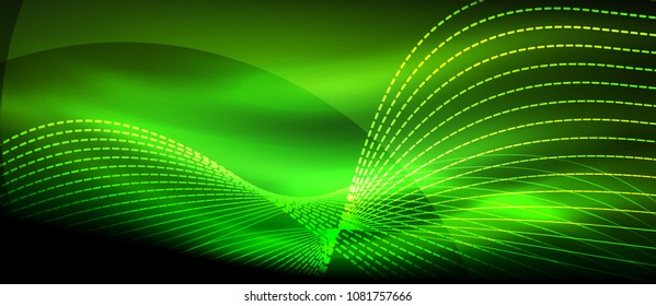 Glowing abstract wave on dark, shiny motion, magic space light. Vector techno abstract background