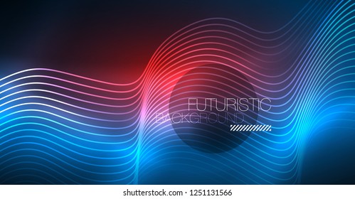 Glowing abstract wave on dark, shiny motion, Christmas and New Year magic space light. Vector techno abstract background