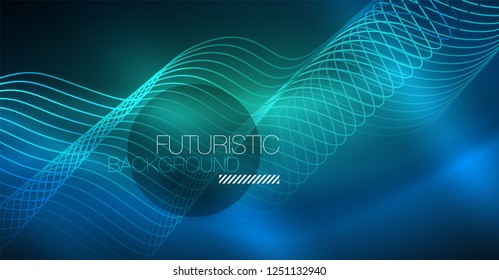 Glowing abstract wave on dark, shiny motion, Christmas and New Year magic space light. Vector techno abstract background
