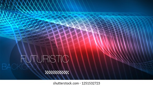Glowing abstract wave on dark, shiny motion, Christmas and New Year magic space light. Vector techno abstract background