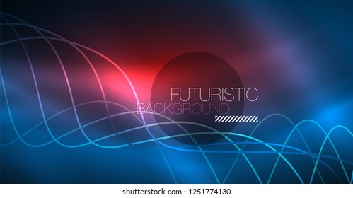 Glowing abstract wave on dark, shiny motion, Christmas and New Year magic space light. Vector techno abstract background