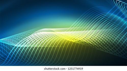 Glowing abstract wave on dark, shiny motion, Christmas and New Year magic space light. Vector techno abstract background