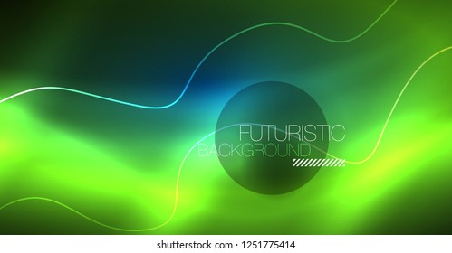 Glowing abstract wave on dark, shiny motion, Christmas and New Year magic space light. Vector techno abstract background