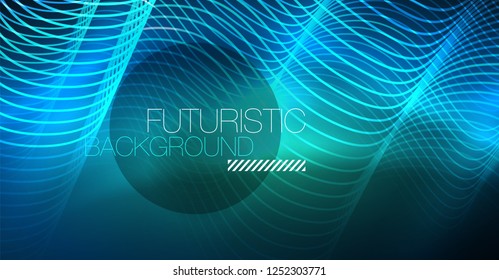 Glowing abstract wave on dark, shiny motion, Christmas and New Year magic space light. Vector techno abstract background