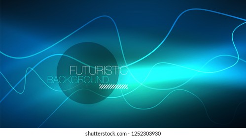 Glowing abstract wave on dark, shiny motion, Christmas and New Year magic space light. Vector techno abstract background