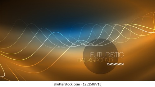 Glowing abstract wave on dark, shiny motion, Christmas and New Year magic space light. Vector techno abstract background