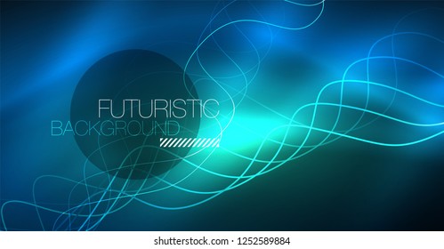 Glowing abstract wave on dark, shiny motion, Christmas and New Year magic space light. Vector techno abstract background