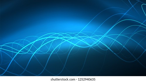 Glowing abstract wave on dark, shiny motion, Christmas and New Year magic space light. Vector techno abstract background