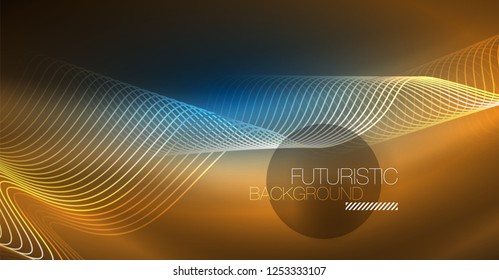 Glowing abstract wave on dark, shiny motion, Christmas and New Year magic space light. Vector techno abstract background