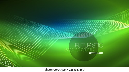 Glowing abstract wave on dark, shiny motion, Christmas and New Year magic space light. Vector techno abstract background