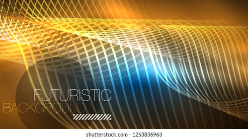 Glowing abstract wave on dark, shiny motion, Christmas and New Year magic space light. Vector techno abstract background