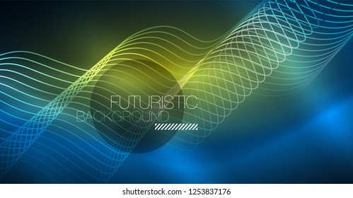 Glowing abstract wave on dark, shiny motion, Christmas and New Year magic space light. Vector techno abstract background