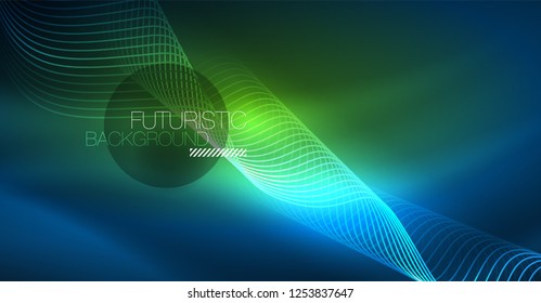Glowing abstract wave on dark, shiny motion, Christmas and New Year magic space light. Vector techno abstract background