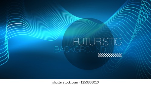 Glowing abstract wave on dark, shiny motion, Christmas and New Year magic space light. Vector techno abstract background