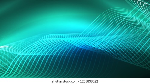 Glowing abstract wave on dark, shiny motion, Christmas and New Year magic space light. Vector techno abstract background