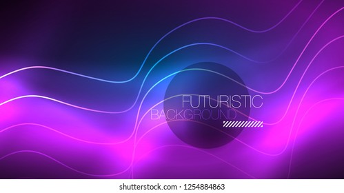 Glowing abstract wave on dark, shiny motion, Christmas and New Year magic space light. Vector techno abstract background