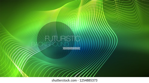Glowing abstract wave on dark, shiny motion, Christmas and New Year magic space light. Vector techno abstract background