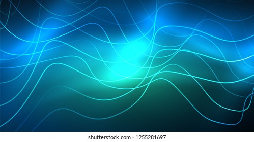 Glowing abstract wave on dark, shiny motion, Christmas and New Year magic space light. Vector techno abstract background