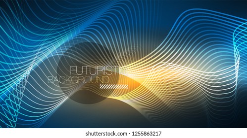 Glowing abstract wave on dark, shiny motion, Christmas and New Year magic space light. Vector techno abstract background