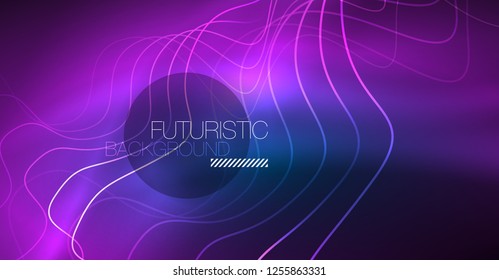 Glowing abstract wave on dark, shiny motion, Christmas and New Year magic space light. Vector techno abstract background
