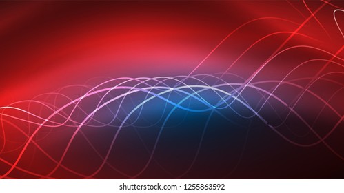 Glowing abstract wave on dark, shiny motion, Christmas and New Year magic space light. Vector techno abstract background