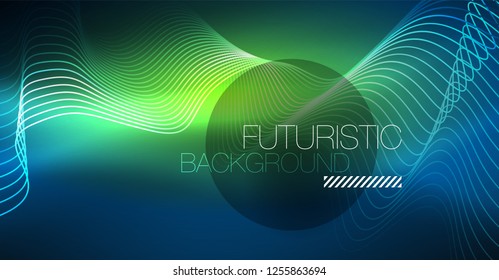 Glowing abstract wave on dark, shiny motion, Christmas and New Year magic space light. Vector techno abstract background
