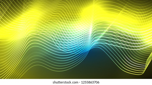 Glowing abstract wave on dark, shiny motion, Christmas and New Year magic space light. Vector techno abstract background