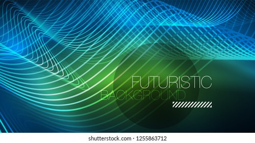 Glowing abstract wave on dark, shiny motion, Christmas and New Year magic space light. Vector techno abstract background