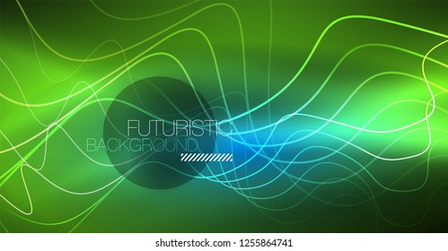 Glowing abstract wave on dark, shiny motion, Christmas and New Year magic space light. Vector techno abstract background
