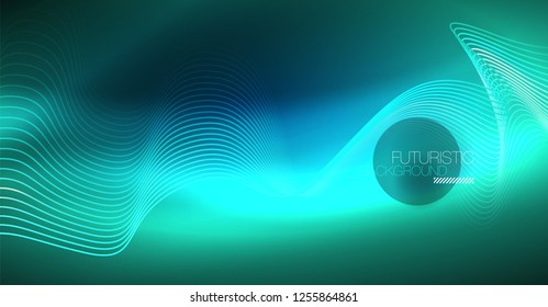 Glowing abstract wave on dark, shiny motion, Christmas and New Year magic space light. Vector techno abstract background