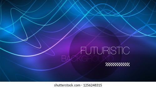 Glowing abstract wave on dark, shiny motion, Christmas and New Year magic space light. Vector techno abstract background