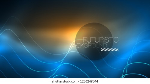 Glowing abstract wave on dark, shiny motion, Christmas and New Year magic space light. Vector techno abstract background
