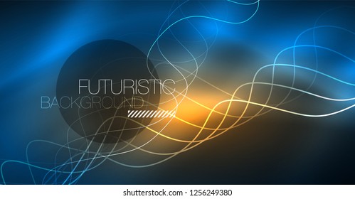 Glowing abstract wave on dark, shiny motion, Christmas and New Year magic space light. Vector techno abstract background