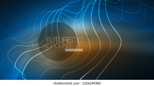 Glowing abstract wave on dark, shiny motion, Christmas and New Year magic space light. Vector techno abstract background