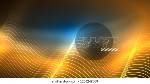 Glowing abstract wave on dark, shiny motion, Christmas and New Year magic space light. Vector techno abstract background