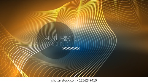 Glowing abstract wave on dark, shiny motion, Christmas and New Year magic space light. Vector techno abstract background