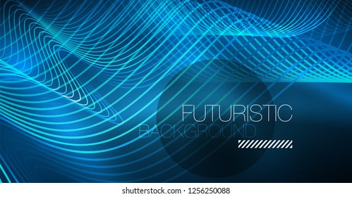 Glowing abstract wave on dark, shiny motion, Christmas and New Year magic space light. Vector techno abstract background