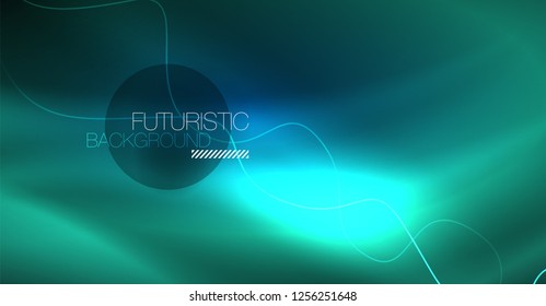 Glowing abstract wave on dark, shiny motion, Christmas and New Year magic space light. Vector techno abstract background