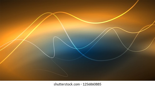 Glowing abstract wave on dark, shiny motion, Christmas and New Year magic space light. Vector techno abstract background
