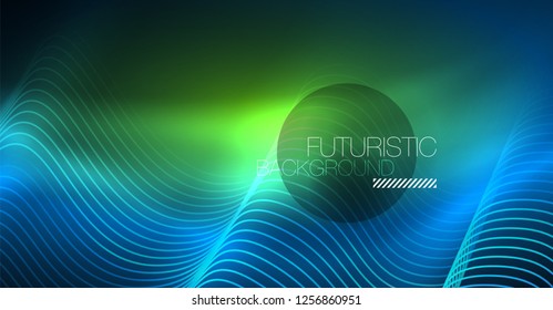 Glowing abstract wave on dark, shiny motion, Christmas and New Year magic space light. Vector techno abstract background