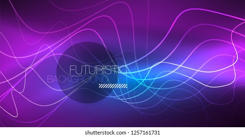 Glowing abstract wave on dark, shiny motion, Christmas and New Year magic space light. Vector techno abstract background