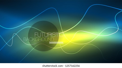 Glowing abstract wave on dark, shiny motion, Christmas and New Year magic space light. Vector techno abstract background