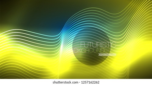 Glowing abstract wave on dark, shiny motion, Christmas and New Year magic space light. Vector techno abstract background
