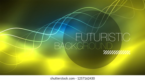 Glowing abstract wave on dark, shiny motion, Christmas and New Year magic space light. Vector techno abstract background