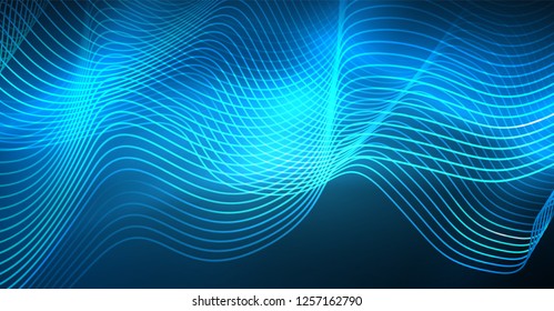 Glowing abstract wave on dark, shiny motion, Christmas and New Year magic space light. Vector techno abstract background