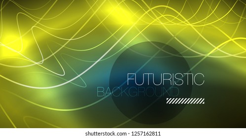 Glowing abstract wave on dark, shiny motion, Christmas and New Year magic space light. Vector techno abstract background